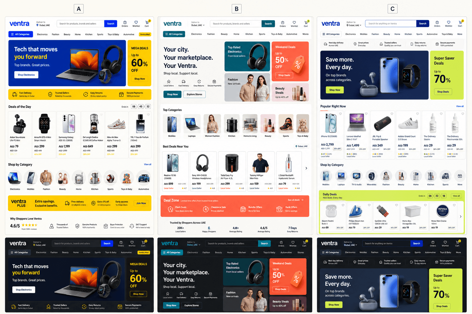 Ventra storefront design lanes comparing marketplace homepage directions